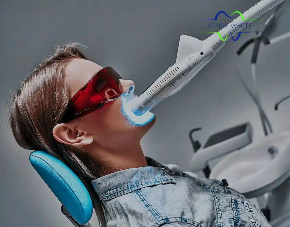 Patient relaxing in clinic chair during 1 hour laser teeth whitening session Poole
